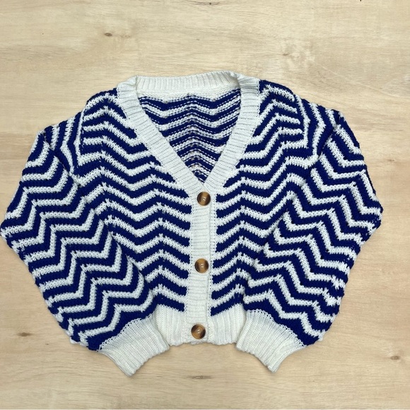Sweaters - Blue White Striped Cardigan Sweater Women’s Small Colorful Comfy Fall Knit